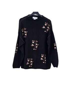 VTG Susan Bristol Hand Embroidered Sweater L Black Embellished Grandma FLAW